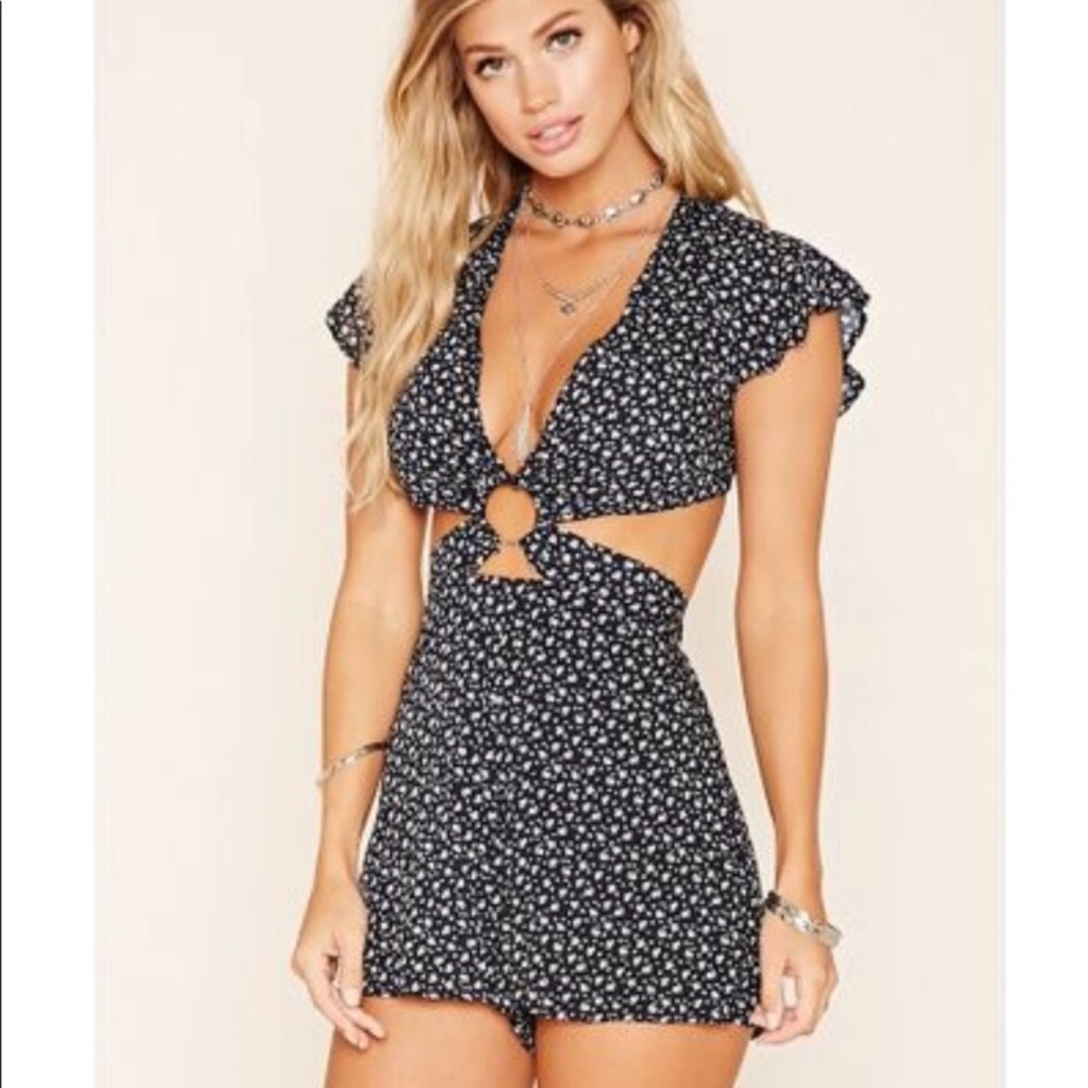 Cutout black floral romper